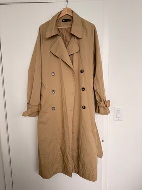 Motel Rocks Long Double-Breasted Trench Coat in Camel/Tan